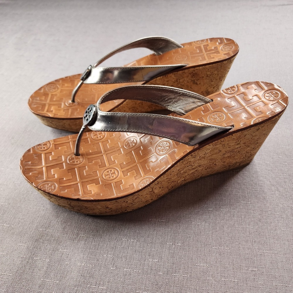 Tory Burch Thora Wedge Sandal Metallic Grey Leather Cork Platform Womens 10.5